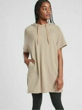Athleta Cabana Textured Tunic Hoodie XS Heathered Oatmeal Tan Short Sleeve Beach